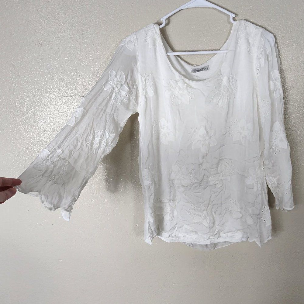 Dlena Baldi Italy White Floral Blouse Size M EUC